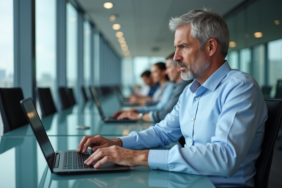 Homme en chemise bleue adoptant une position correcte des mains sur un clavier d'ordinateur portable dans un bureau en open space