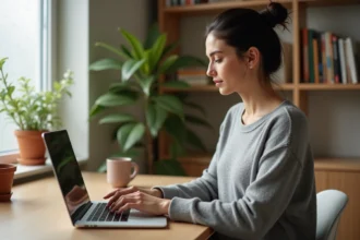 Femme tapant sur un ordinateur portable avec une position des mains ergonomique dans un bureau à domicile moderne