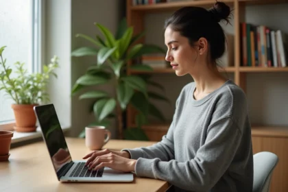 Femme tapant sur un ordinateur portable avec une position des mains ergonomique dans un bureau à domicile moderne