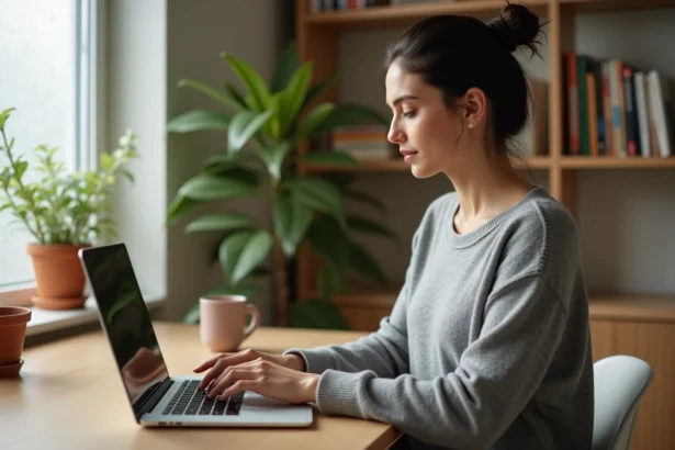 Femme tapant sur un ordinateur portable avec une position des mains ergonomique dans un bureau à domicile moderne