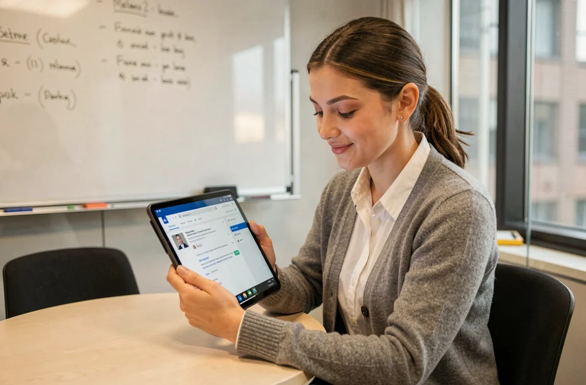 Jeune agente consultant sa boîte de réception Melanie 2 web sur une tablette dans une salle de réunion administrative