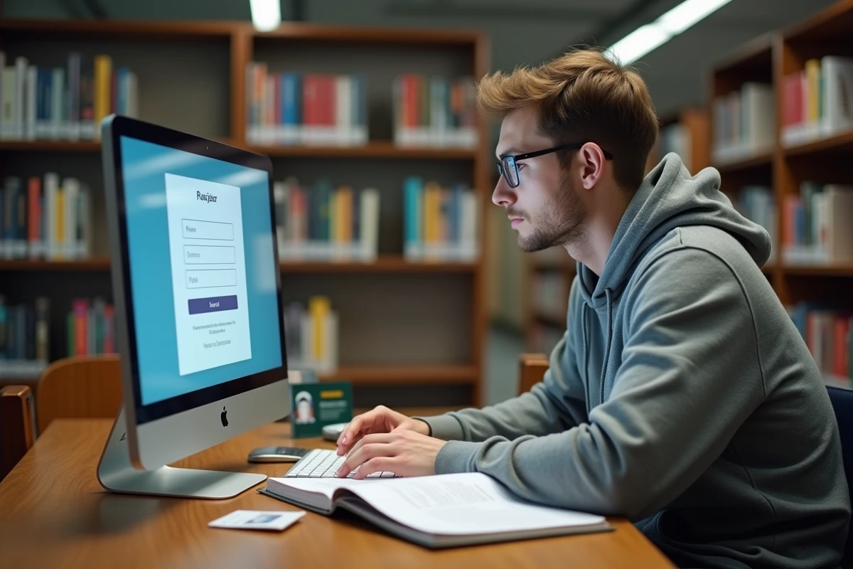Étudiant masculin se connectant pour la première fois à l'ENT41 sur un ordinateur de bibliothèque universitaire