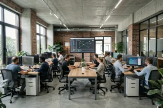 Équipe de professionnels informatiques collaborant dans un open-space moderne des Pays de la Loire