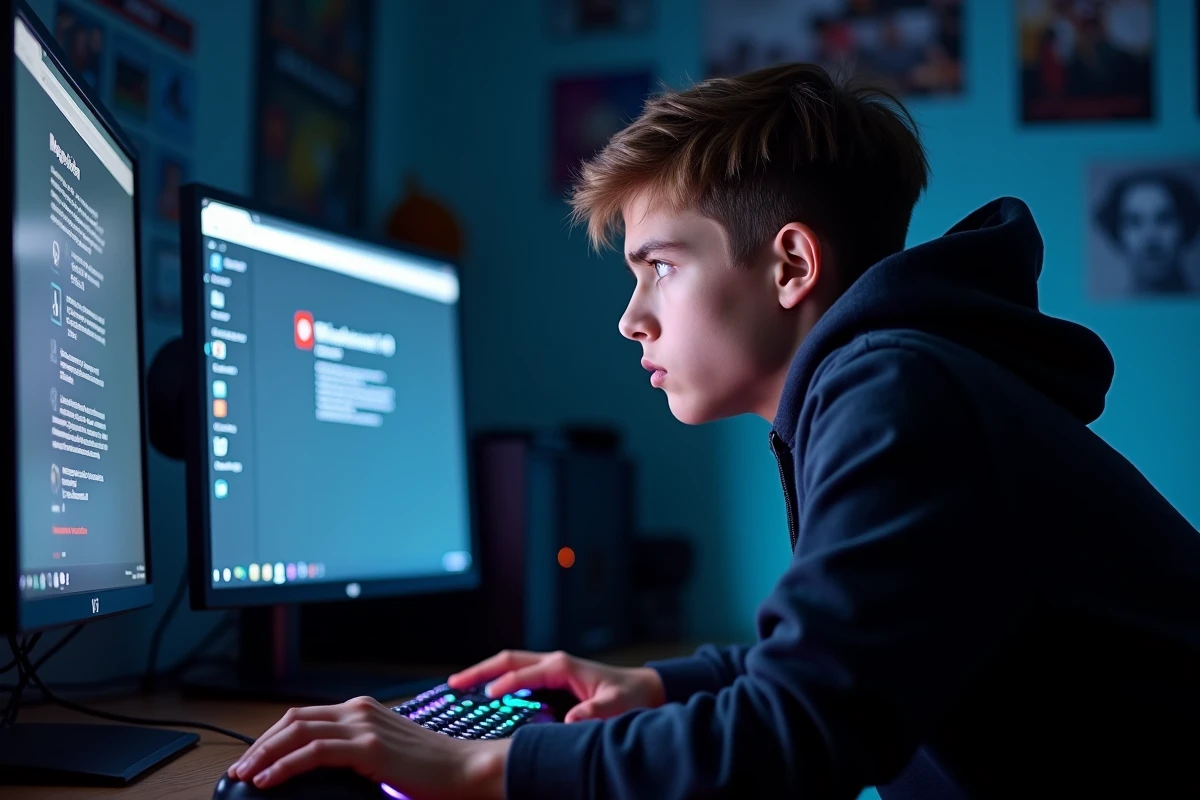 Adolescent frustré devant son PC gamer cherchant comment corriger un clavier inversé après une mise à jour Windows 11