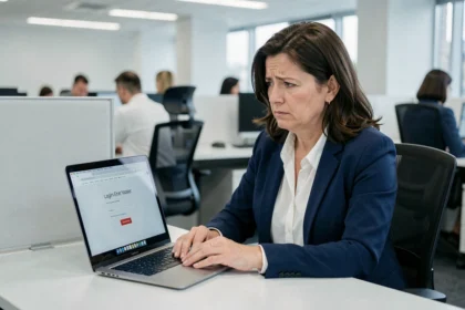 Une agente administrative frustrée face à un problème de connexion sur son ordinateur portable au bureau