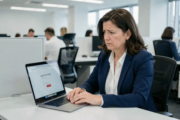 Une agente administrative frustrée face à un problème de connexion sur son ordinateur portable au bureau