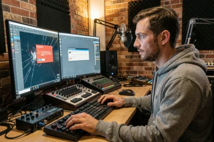 Producteur de musique hésitant devant un logiciel MAO cracké sur son ordinateur de studio à domicile