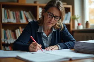 Professeure corrigeant des copies d'élèves à son bureau avec un stylo rouge, entourée de piles de feuilles manuscrites en classe