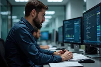 Homme professionnel informatique examinant les réglages réseau