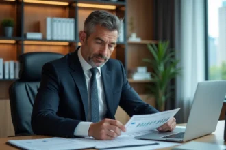 Homme d'affaires en costume vérifiant des documents de conformité