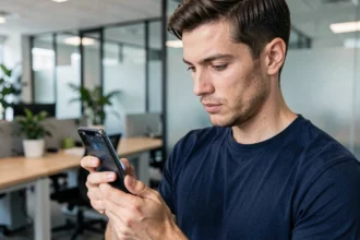 Homme en bureau examinant un smartphone équipé d'un film de protection anti-espion, comparaison verre trempé et film souple