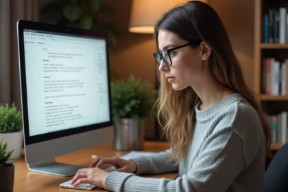 Femme utilisant le raccourci clavier Ctrl+Y pour rétablir une action sur son ordinateur de bureau à domicile