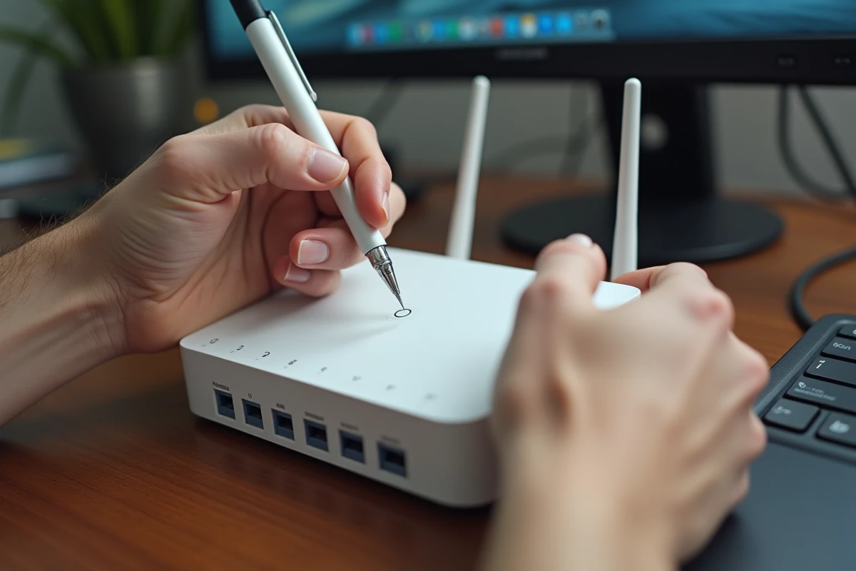 Gros plan sur les mains appuyant sur le bouton reset d'une Freebox Mini 4K avec un stylo