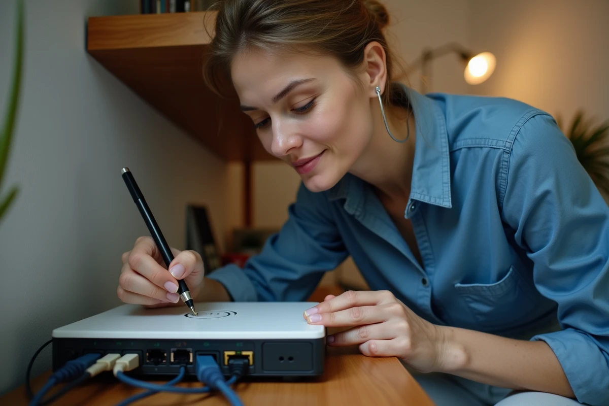 Femme réinitialisant un routeur domestique en appuyant sur le bouton reset pour retrouver l'accès à l'interface d'administration