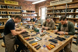 Atelier de réparation de smartphones dans le Haut-Rhin avec techniciens au travail
