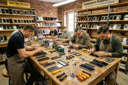 Atelier de réparation de smartphones dans le Haut-Rhin avec techniciens au travail
