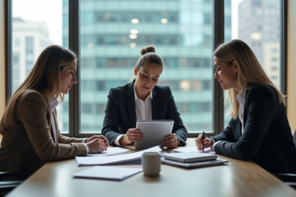 Trois collègues adultes en réunion de travail en bureau moderne