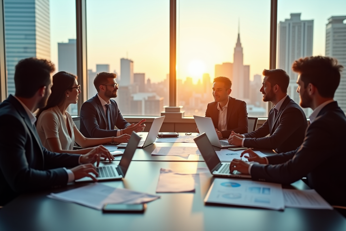 Equipe diverse en réunion avec outils d