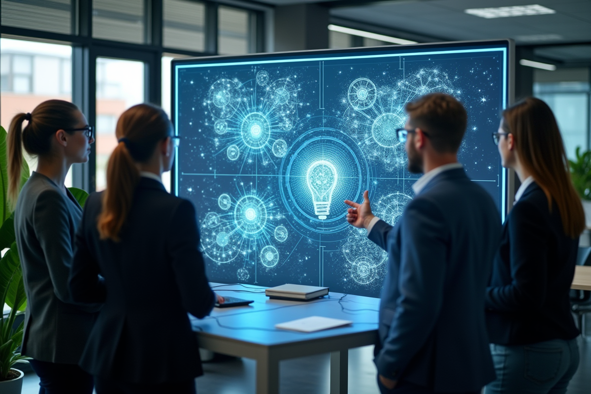Groupe de professionnels autour d un ecran interactif