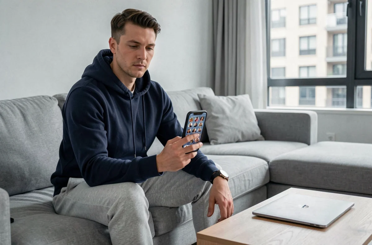 Homme utilisant son smartphone sur un canapé pour sauvegarder une story Snapchat d'un ami de manière légale