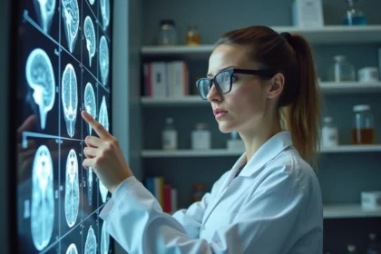 Scientifique féminine analysant des scanners cérébraux dans un laboratoire de recherche neurologique moderne
