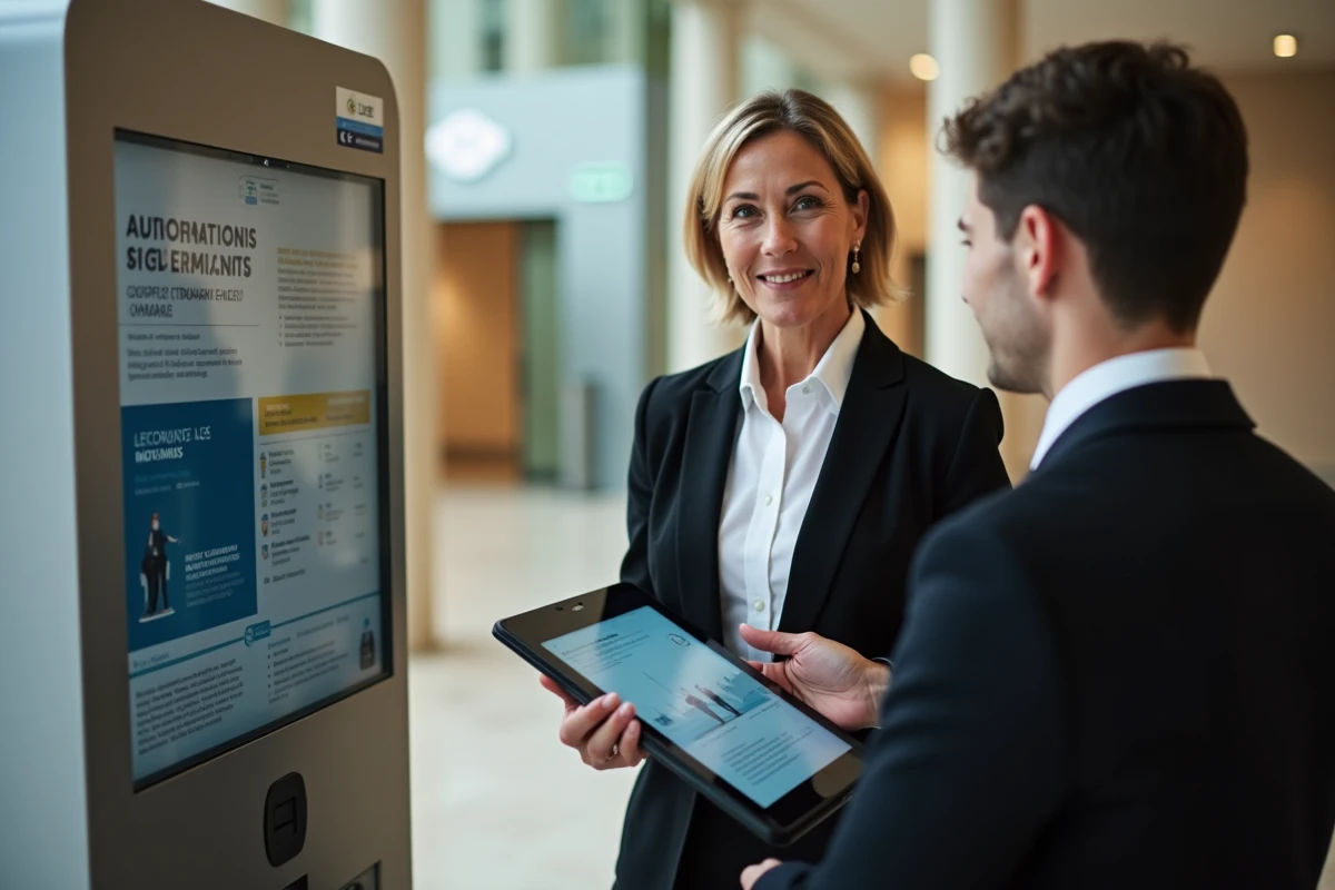 Secretaire municipale aidant un collègue avec une tablette