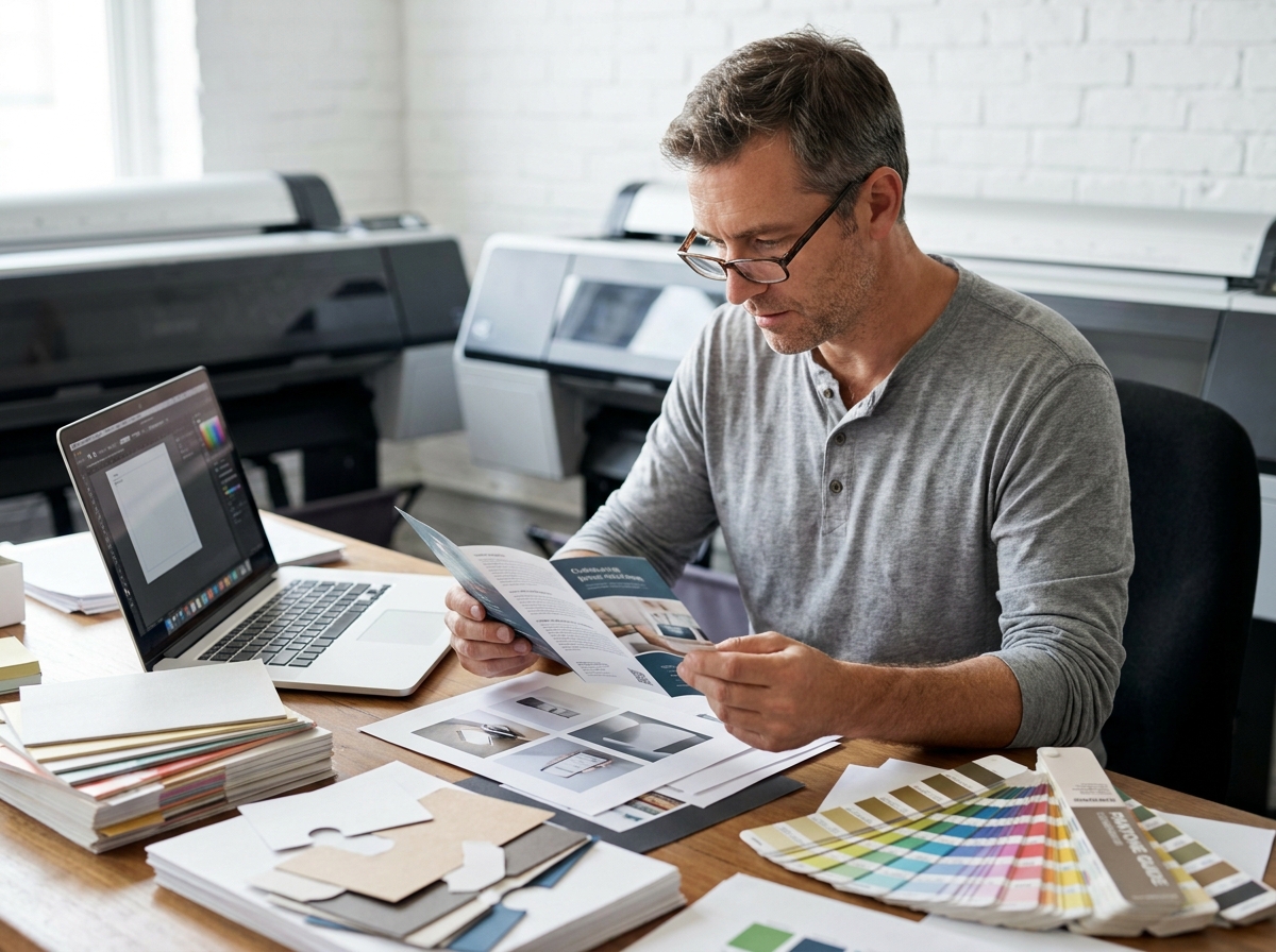 Graphiste en studio examinant des maquettes imprimées et des échantillons de papier pour une campagne