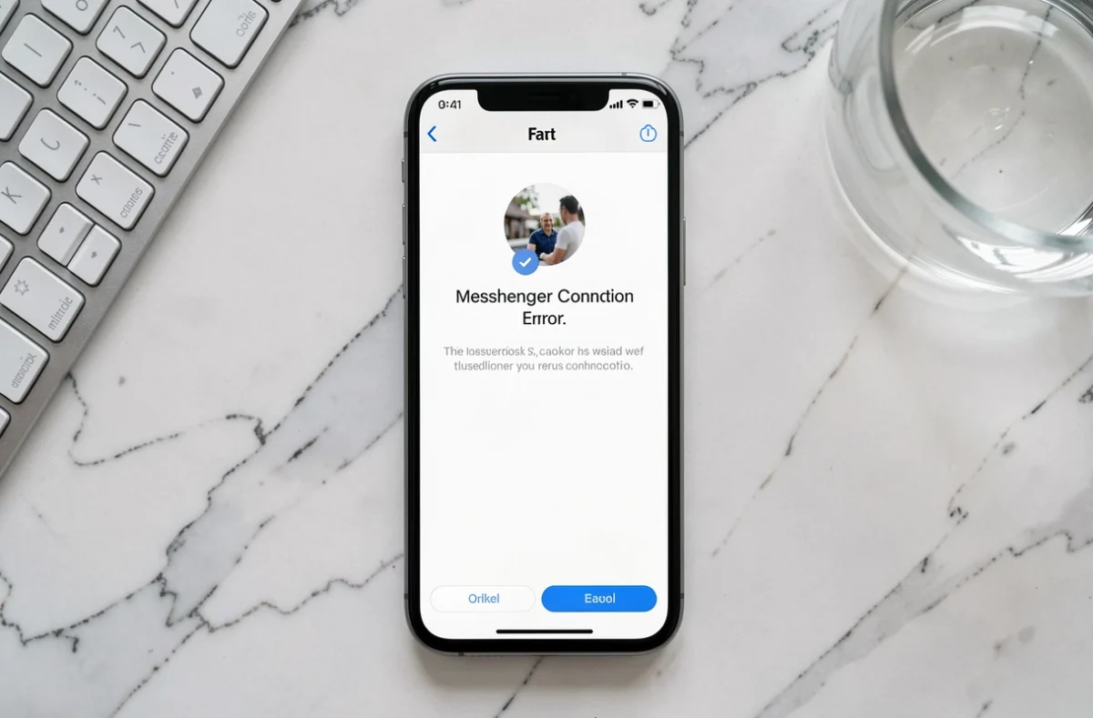 Smartphone affichant une erreur de connexion Facebook Messenger posé sur un bureau en marbre blanc avec clavier sans fil