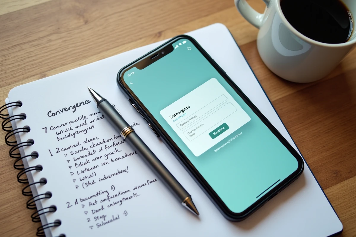 Vue de dessus d'un smartphone affichant la messagerie Convergence de l'académie de Bordeaux posé sur un bureau avec un cahier de notes manuscrites