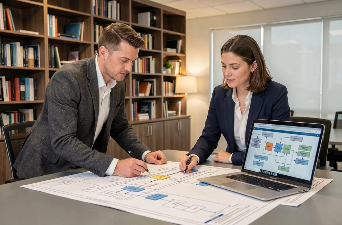 Deux spécialistes en intégration de systèmes complexes analysant une architecture informatique, illustrant les services de Sopra Steria