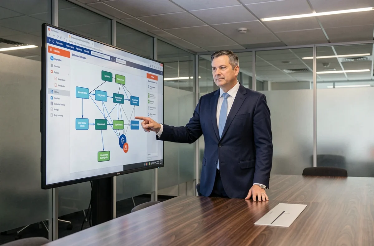 Spécialiste IT présentant une architecture d'intégration IA dans les systèmes d'information d'une entreprise pour Sopra Steria