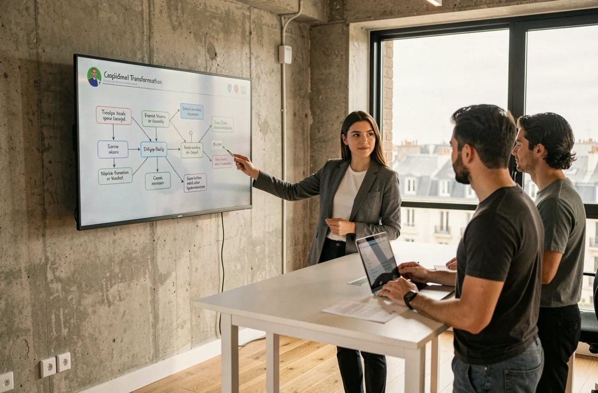 Consultante numérique présentant une feuille de route de transformation digitale dans un espace moderne à Nantes pour StedY ESN