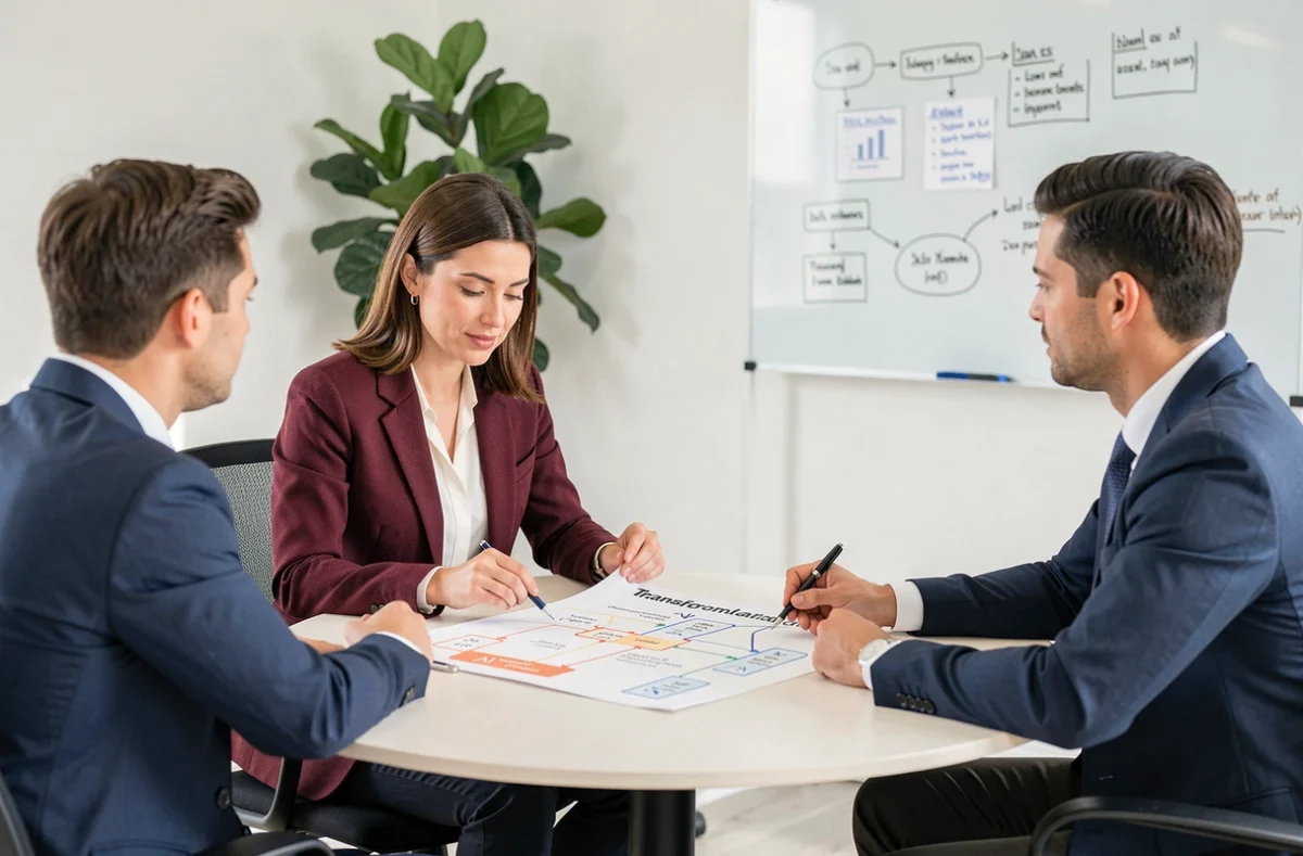 Consultante en transformation digitale discutant d'une feuille de route IA avec des managers pour Stema Partners