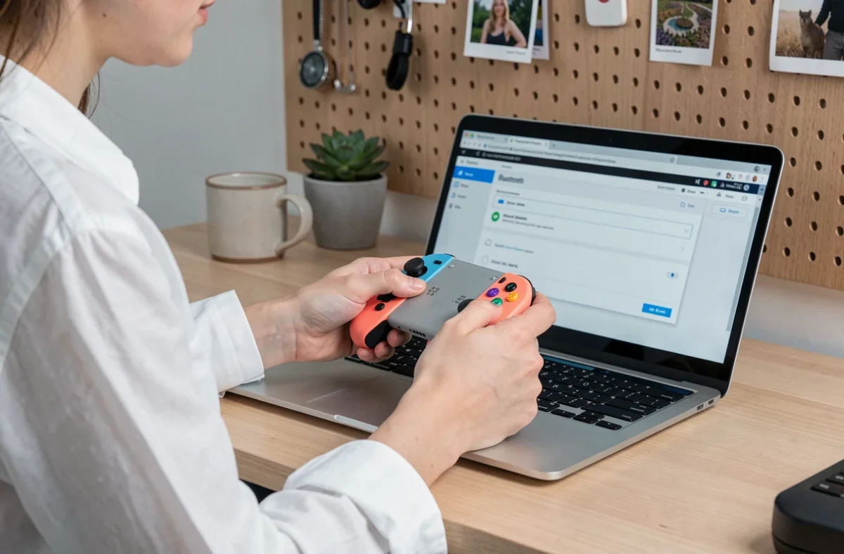 Femme en train de connecter une manette Joy-Con Nintendo Switch à un ordinateur portable via Bluetooth