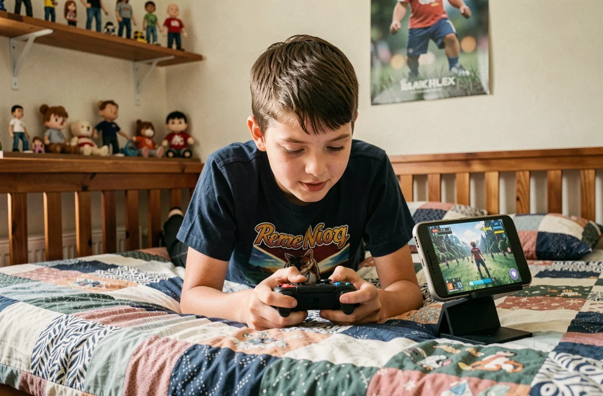 Adolescent synchronisant une manette Nintendo Switch avec un smartphone posé sur un support dans une chambre