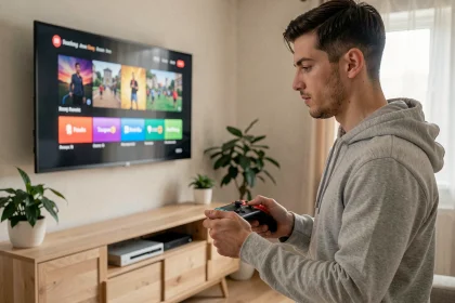 Homme synchronisant une manette Nintendo Switch Pro Controller avec une télévision dans un salon moderne