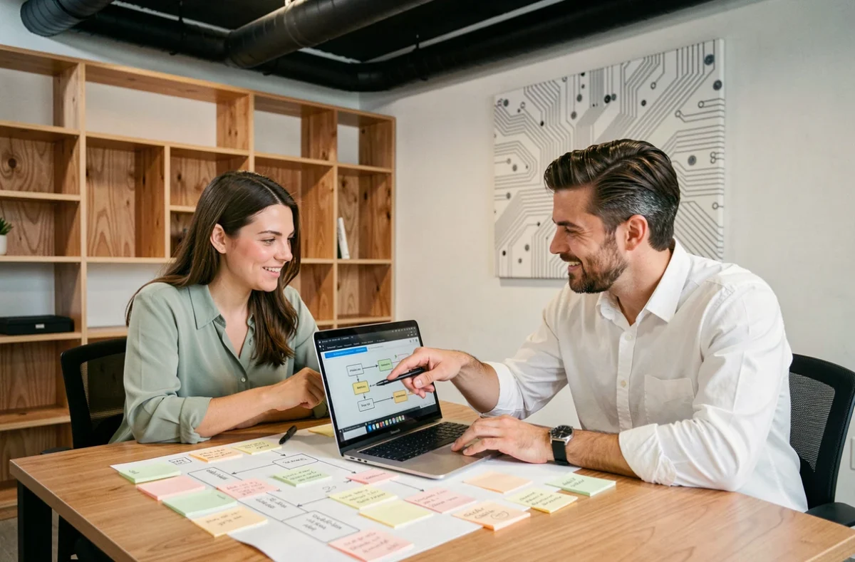 Deux consultants en automatisation cartographiant des flux métier sur un bureau collaboratif pour l'agence Tandem AI