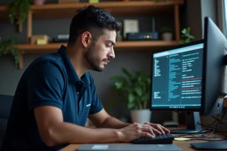 Technicien informatique analysant une adresse IP 172.30.1.1 sur un écran de terminal réseau dans un bureau à domicile