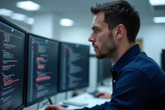 Technicien IT diagnostiquant des erreurs de configuration phyLOGIC sur un double écran de bureau professionnel