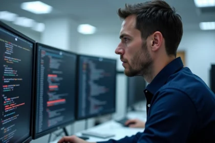 Technicien IT diagnostiquant des erreurs de configuration phyLOGIC sur un double écran de bureau professionnel
