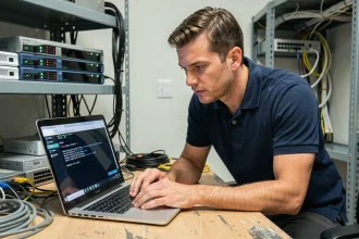 Technicien informatique analysant une erreur d'adresse IP privée sur un ordinateur portable dans une salle serveur