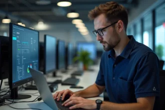 Technicien informatique travaillant sur un ordinateur moderne