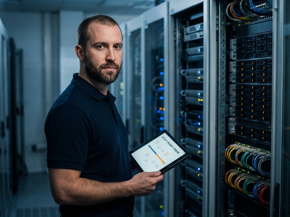 Technicien cybersécurité prestataire externe inspectant une salle serveurs avec tableau de bord d'incidents sur tablette