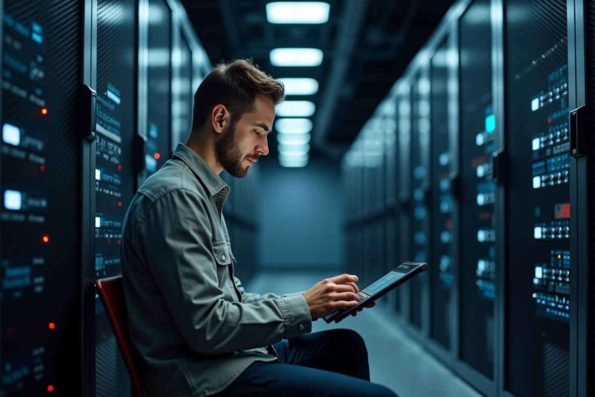 Jeune homme spécialiste IT inspectant des logs dans une salle serveurs