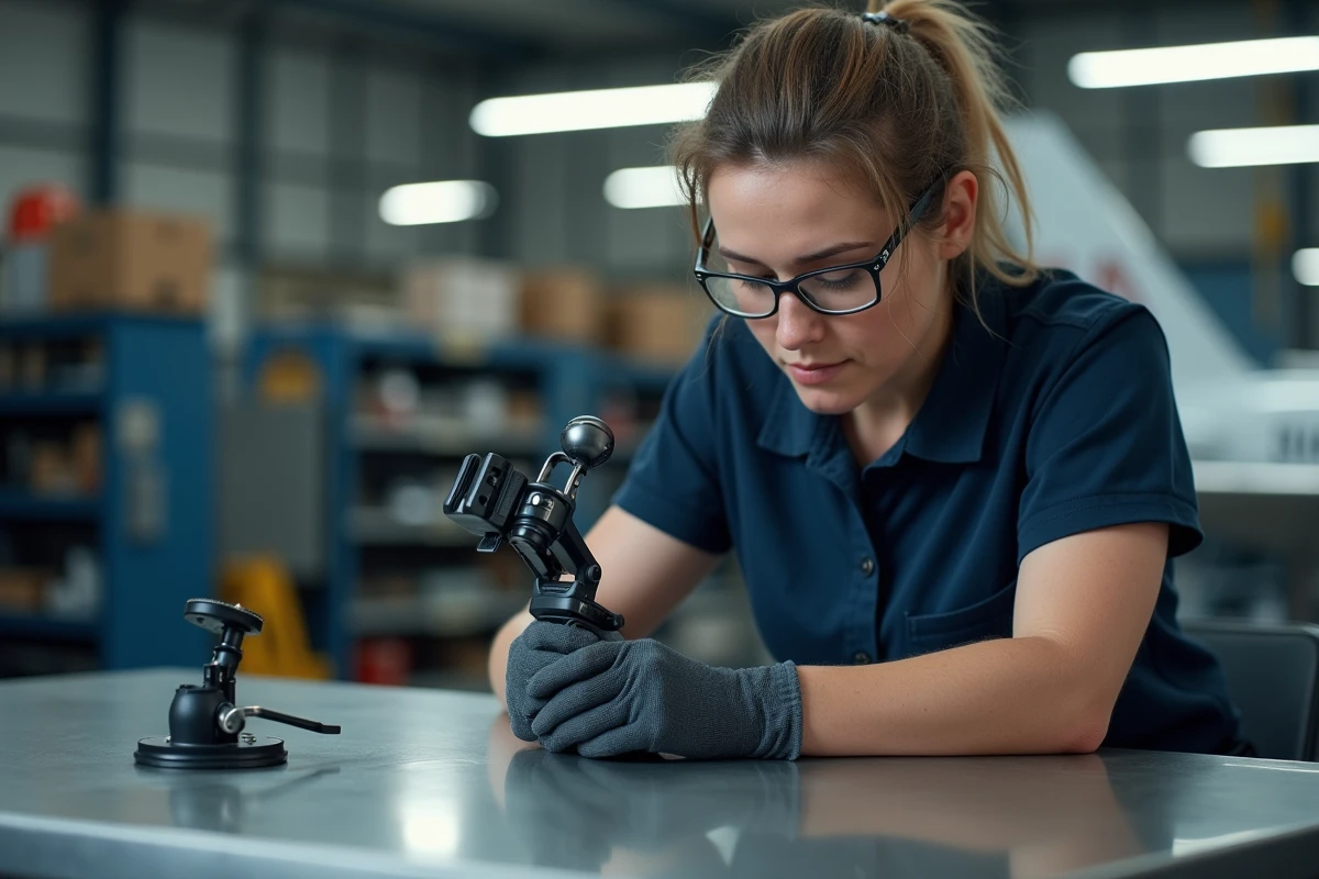 Technicienne aéronautique examinant un support RAM Mount sur un établi de hangar