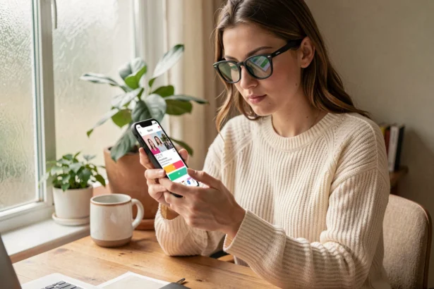 Jeune femme regardant une story Snapchat sur son smartphone pour la télécharger légalement via une application dédiée