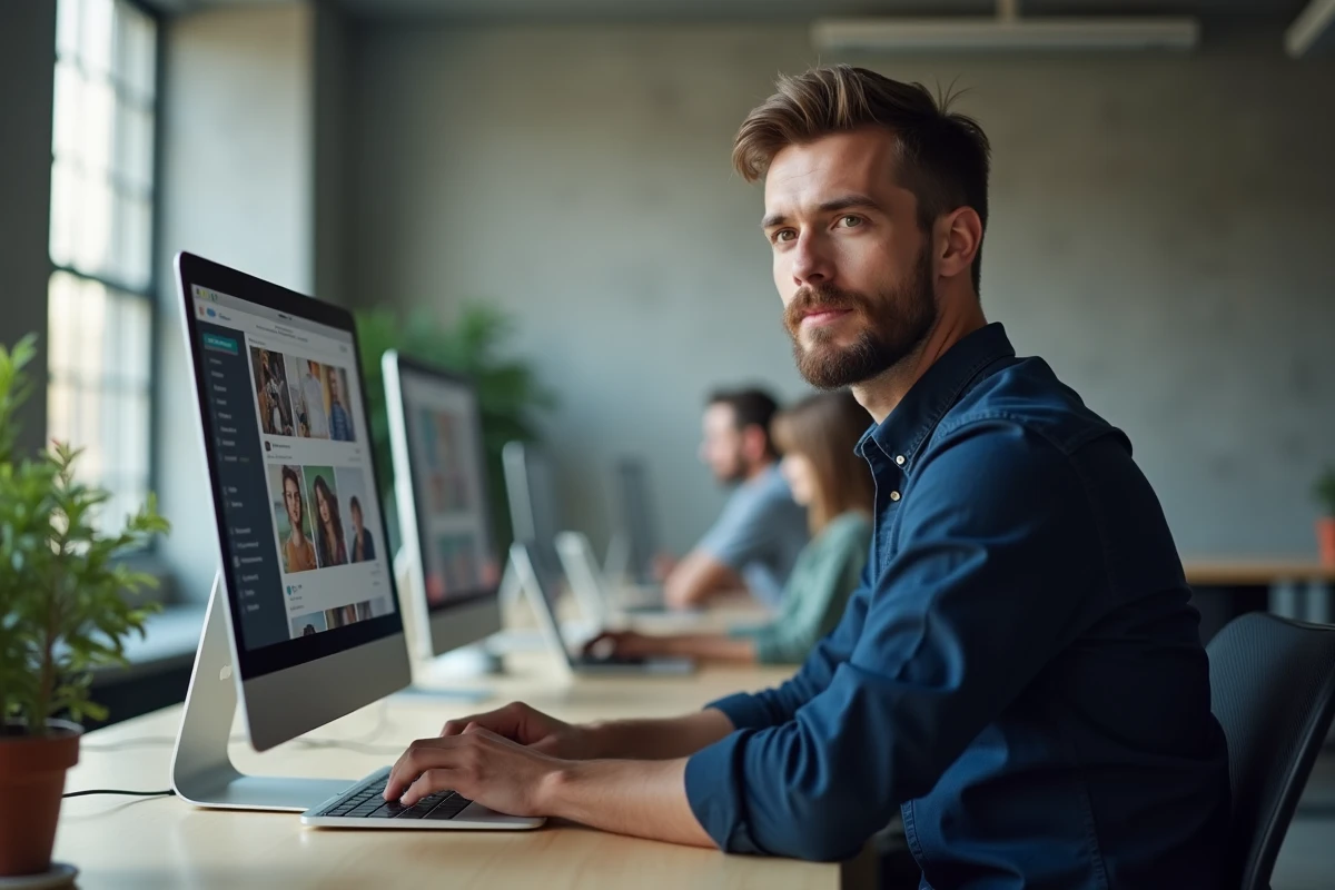 Homme consultant un profil Instagram sur ordinateur portable dans un espace de coworking