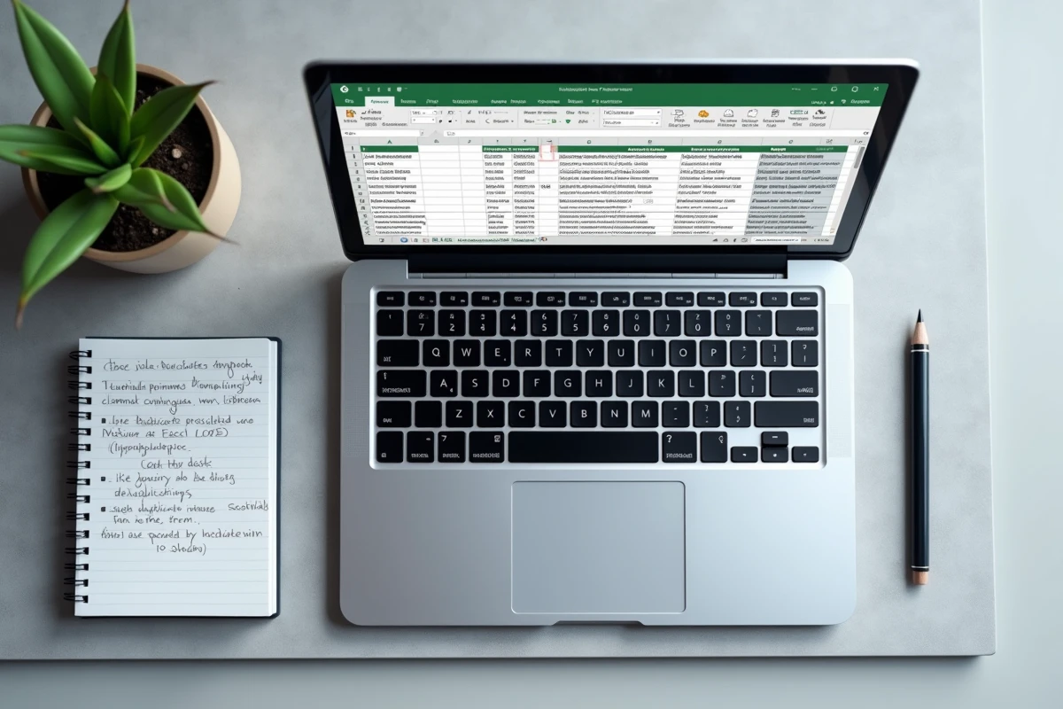 Vue de dessus d'un ordinateur portable affichant un tableau Excel avec doublons et liste filtrée côte à côte