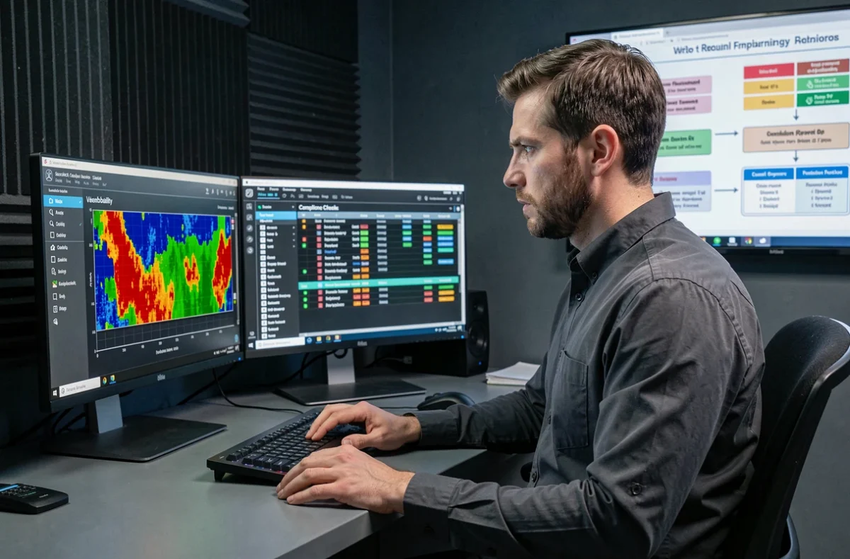 Analyste en cybersécurité surveillant des tableaux de bord de conformité réglementaire dans un centre d'opérations de sécurité, illustrant Wavestone Advisors