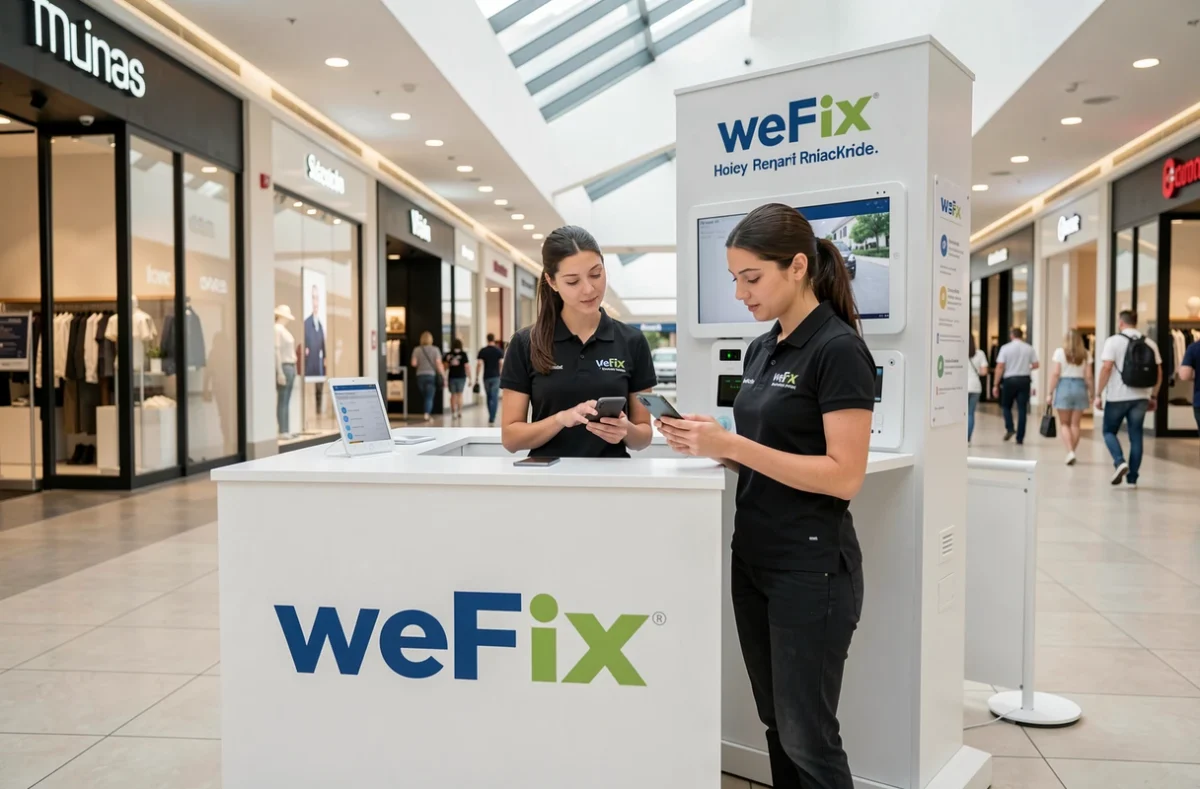 Kiosque WeFix en galerie commerciale à Mulhouse avec technicienne et client